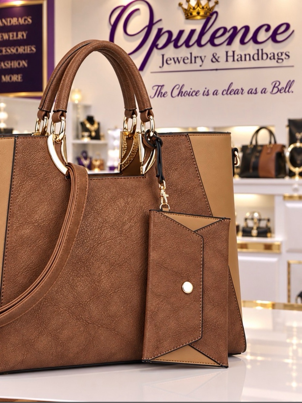 Brown Structured Tote Bag with Removable Pouch